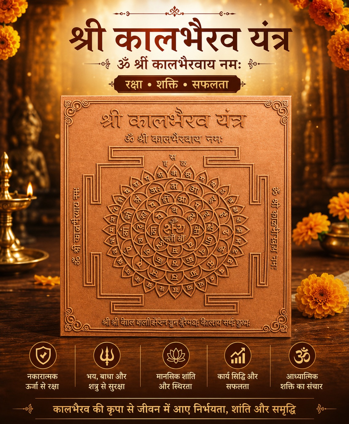 काल भैरव यंत्र — शुद्ध तांबे में व्यक्तिगत रूप से तैयार, गहरी लाल आभा के साथ